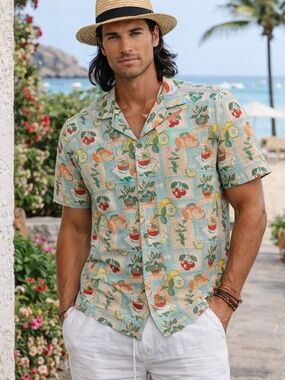 Sonoma Linen Blend Tropical Drink Fruit Print Camp Shirt NWT Boxy Vacation Top